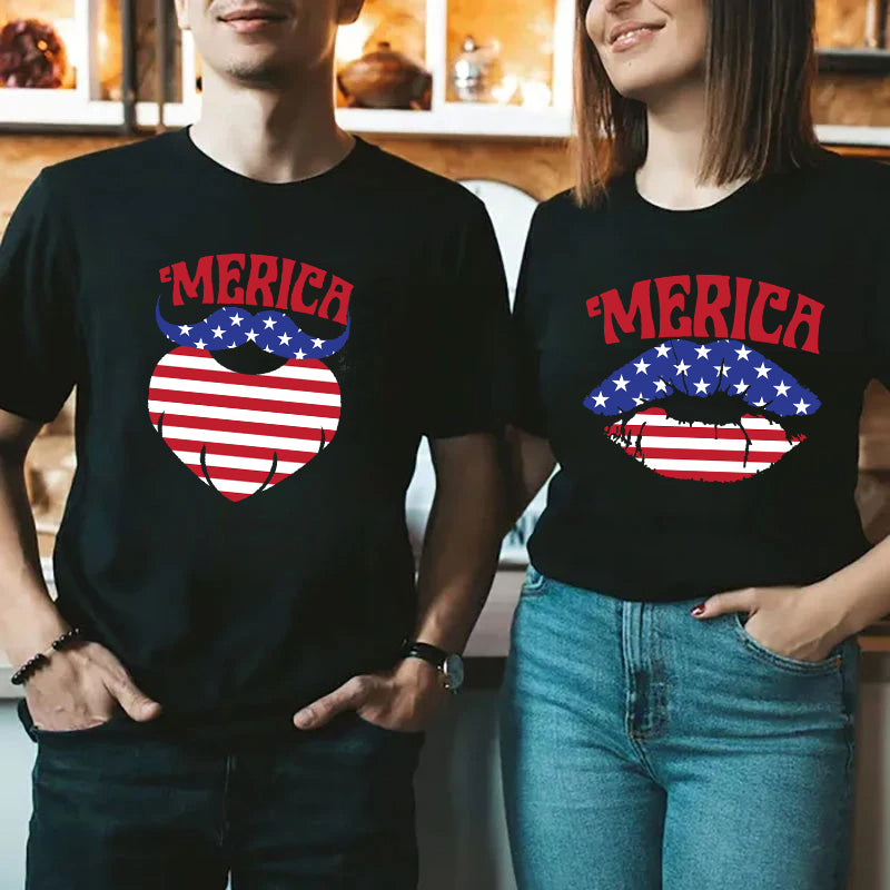 Merica USA Flag Beard & Lip Funny Couple 4th Of July Shirts