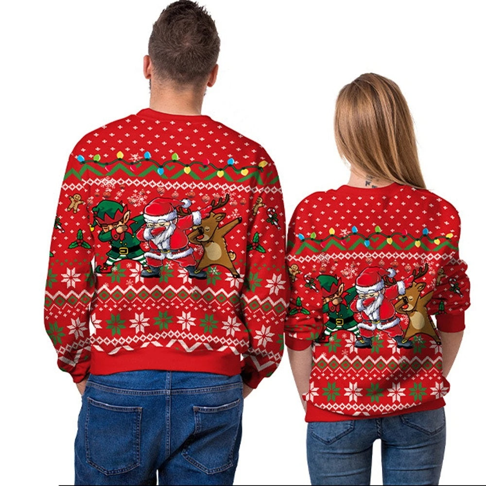 Santa Elf Reindeer Dabbing Couple Ugly Sweaters - back