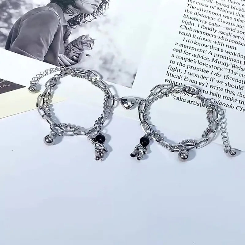 Astronaut Heart Couple Silver Bracelets