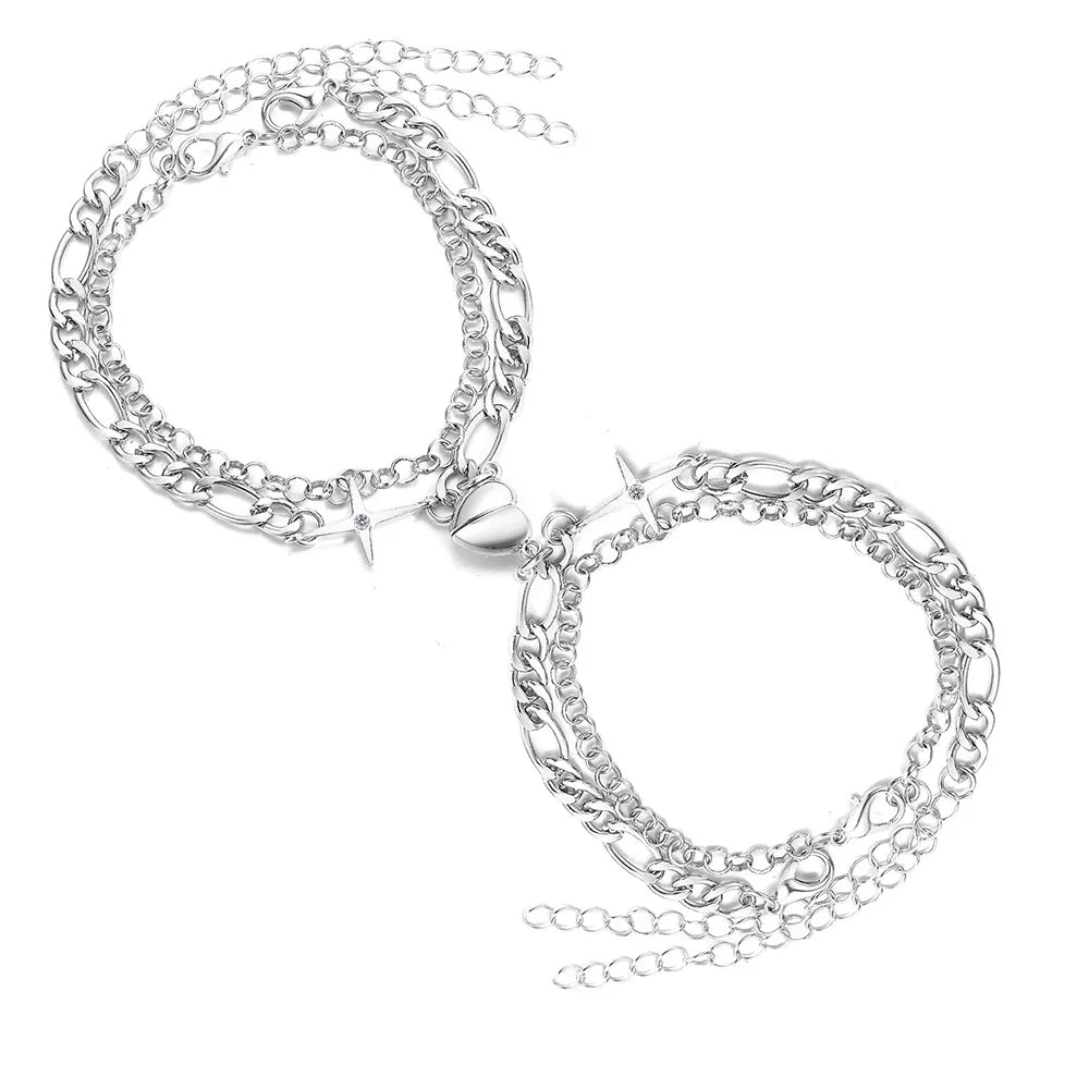 Love Heart Magnet Silver Bracelets for Couple