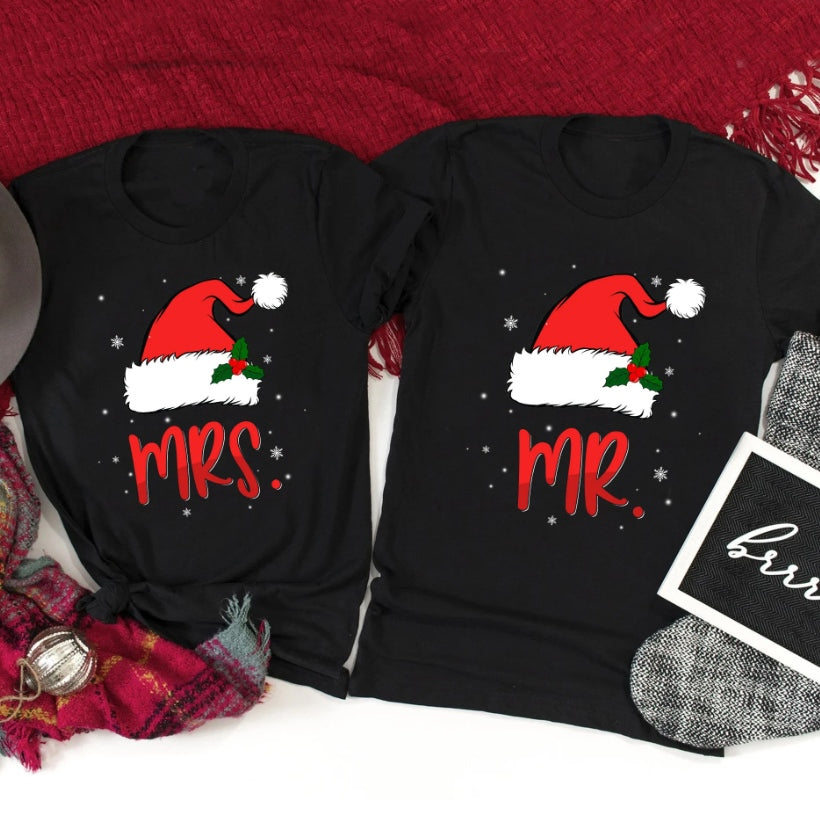 Mr Mrs Santa Hat Matching Couple Xmas Shirts