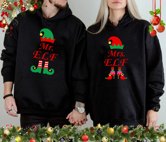 Mr Mrs ELF Cute Christmas Hoodies for Couple