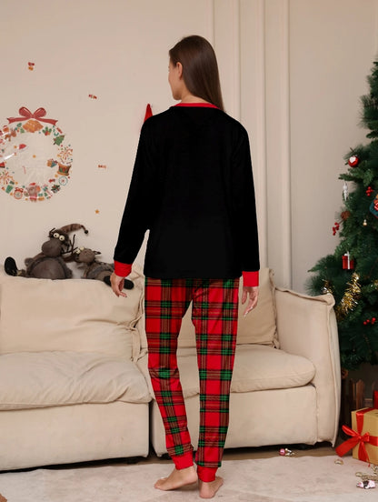 Black Christmas PJs Set for Couple, Reindeer Xmas Tree