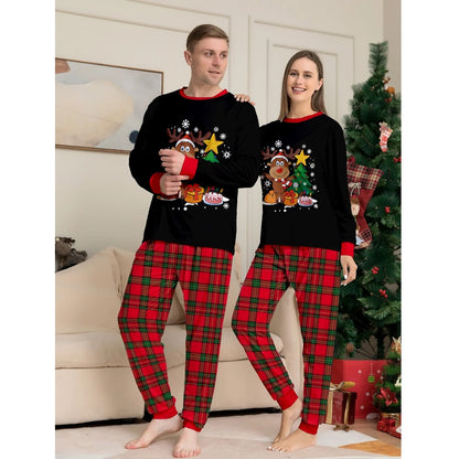 Black Christmas PJs Set for Couple, Reindeer Xmas Tree