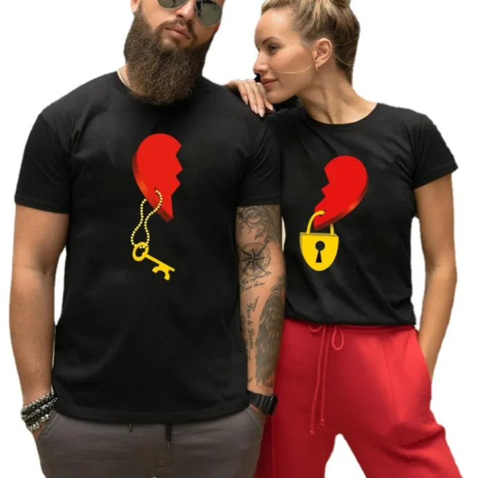 Key Lock Heart Shape Man Woman Matching Couple Shirt