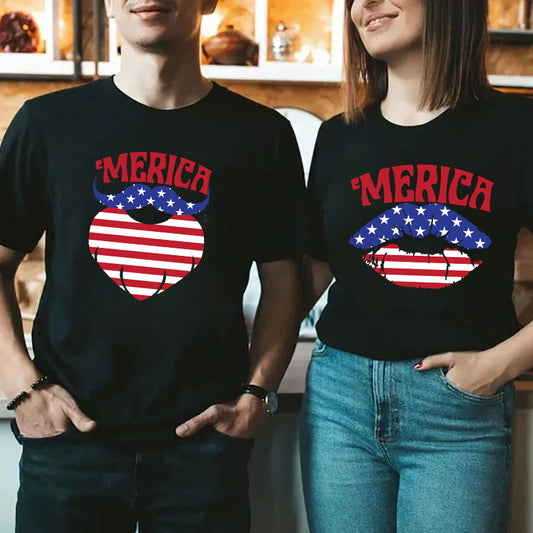 Merica USA Flag Beard & Lip Funny Couple 4th Of July Shirts