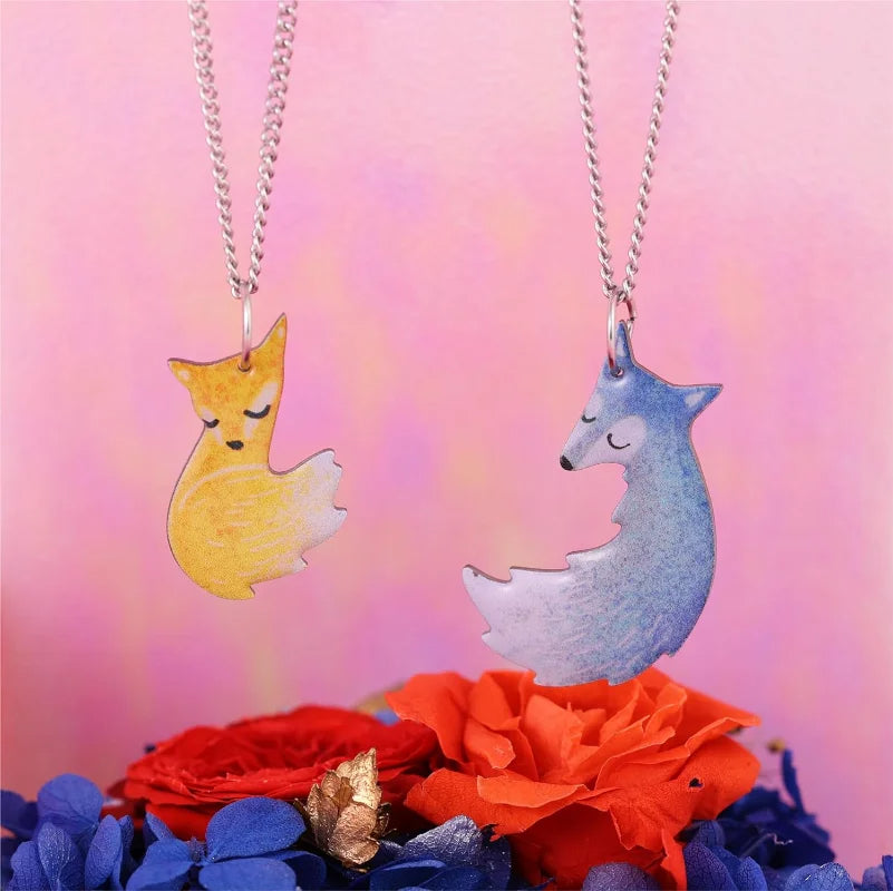 Hugging Fox and Wolf Couple Necklace Set