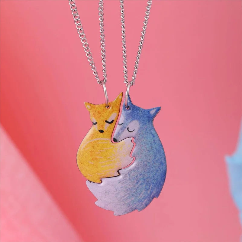 Hugging Fox and Wolf Couple Necklace Set