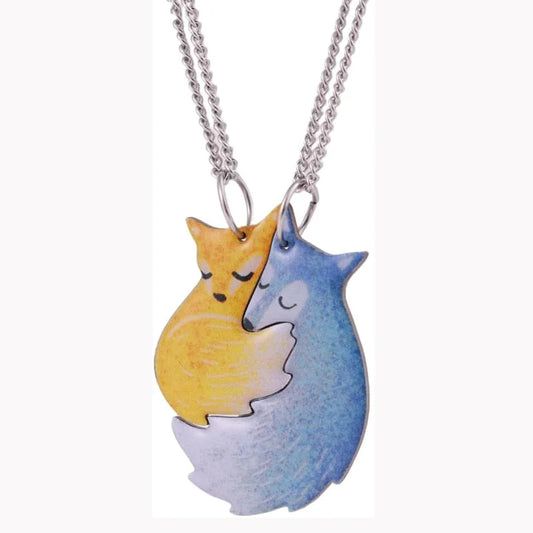 Hugging Fox and Wolf Couple Necklace Set