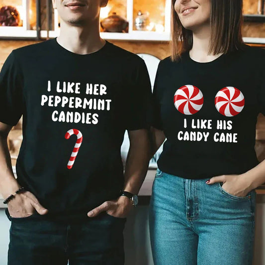 Peppermint and Candy Cane Couple Christmas Shirts