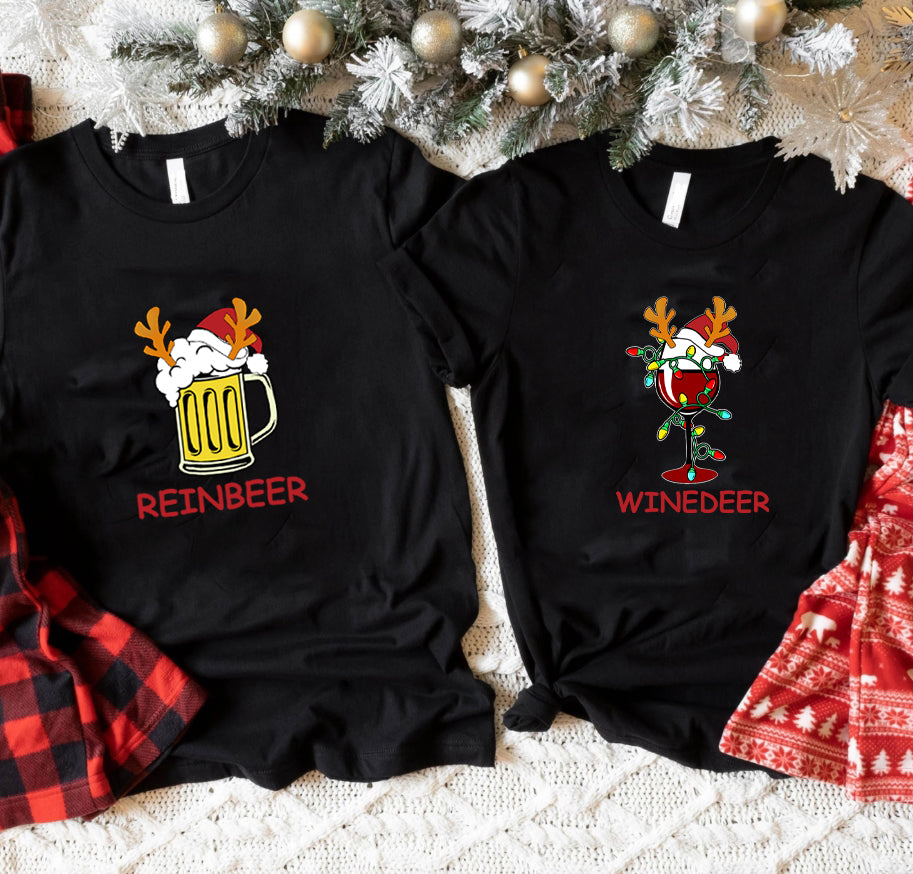 Reinbeer Winedeer Funny Couple Christmas Shirts