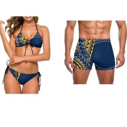 Couple Swimwear with Woman Lace Up Bikini & Man Short