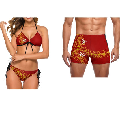 Couple Swimwear with Woman Lace Up Bikini & Man ShortCouple Swimwear with Woman Lace Up Bikini & Man Short