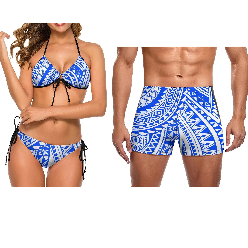 Couple Swimwear with Woman Lace Up Bikini & Man Short