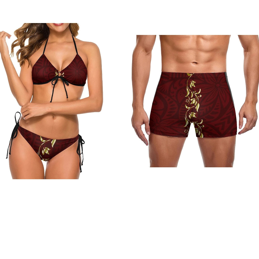 Couple Swimwear with Woman Lace Up Bikini & Man Short