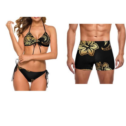 Couple Swimwear with Woman Lace Up Bikini & Man Short