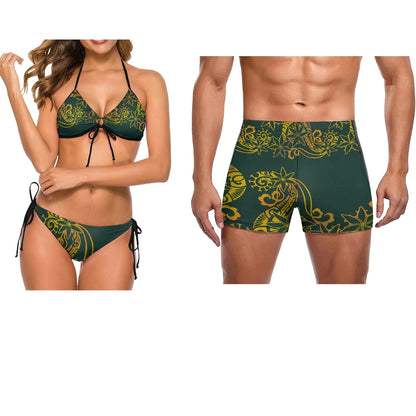 Couple Swimwear with Woman Lace Up Bikini & Man Short