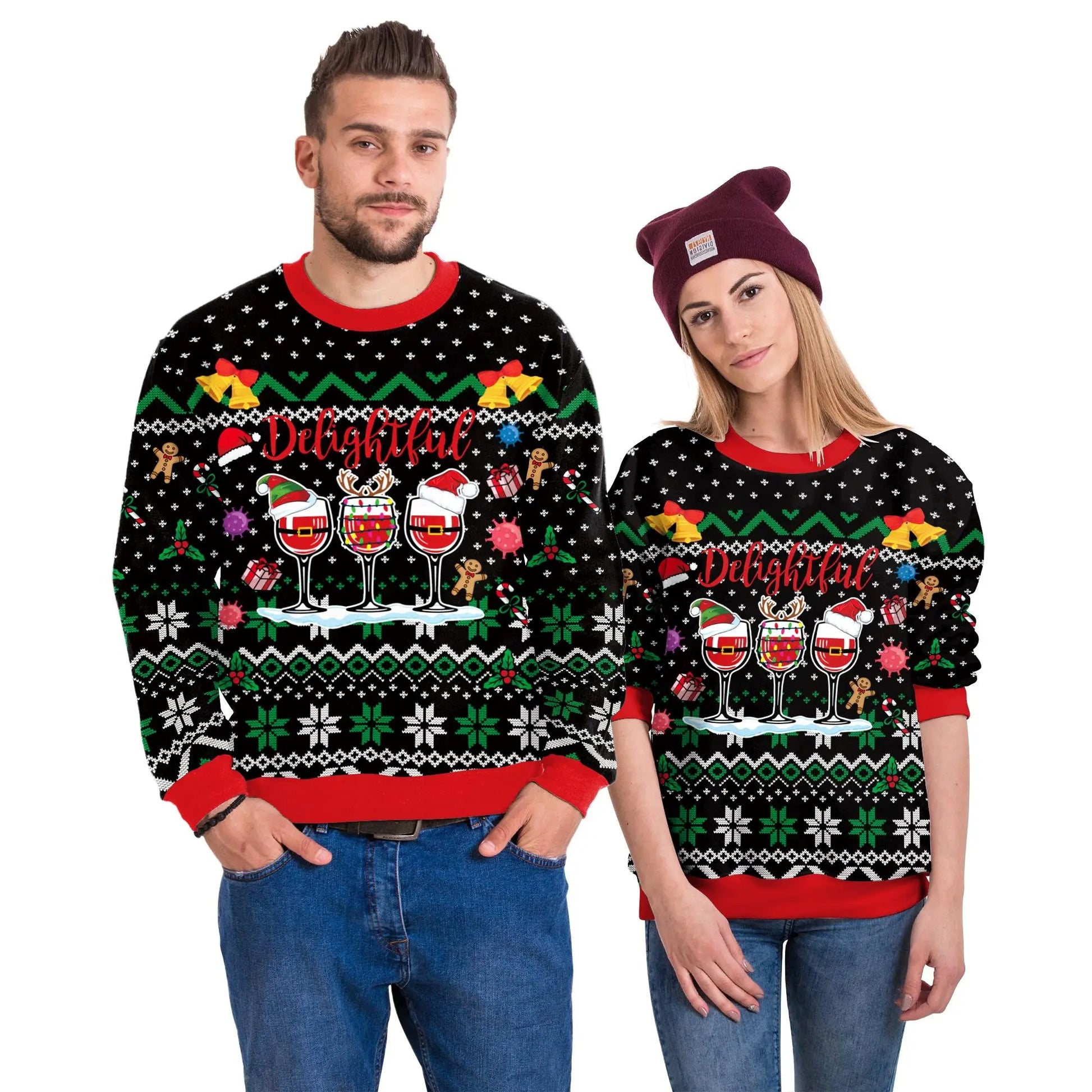 Delightful Wine Christmas Couple Ugly Sweater