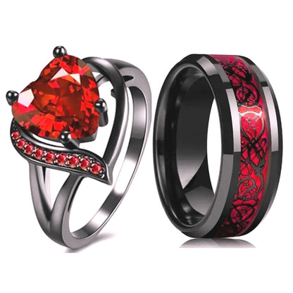 Unique Red Rhinestones Heart Couple Rings